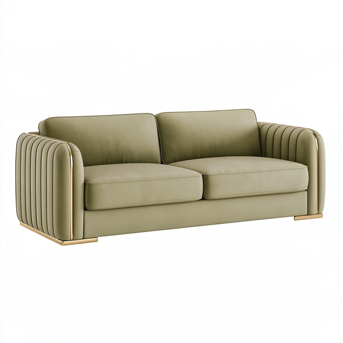 Divano due posti 180 x 90 x 85 cm in tessuto verde salvia con dettagli dorati stile moderno
