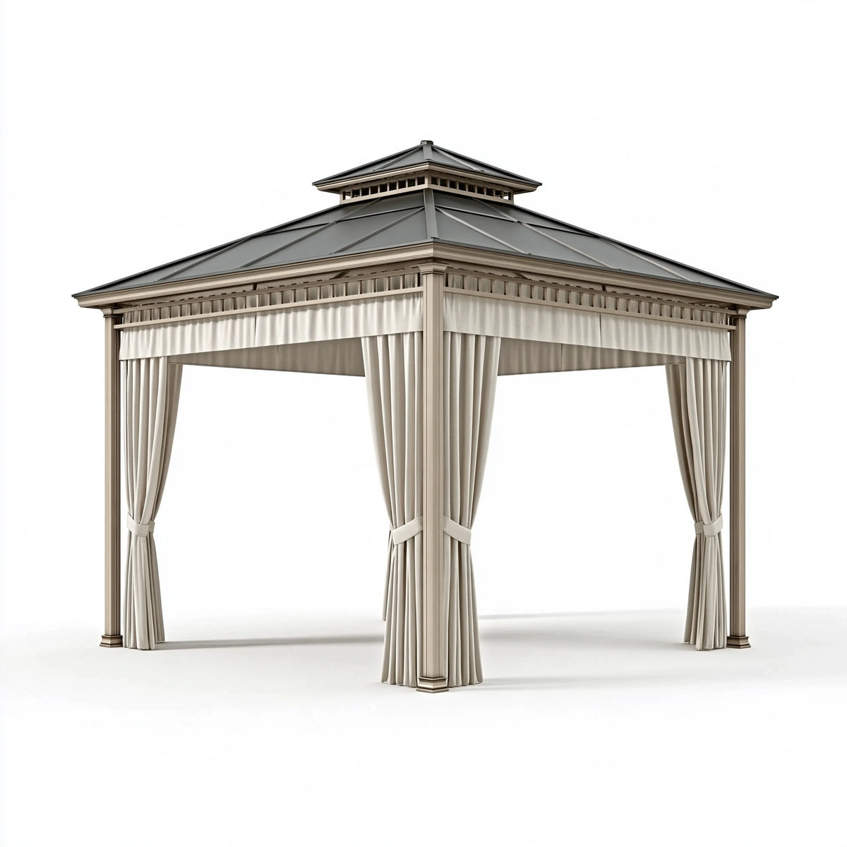 Gazebo da giardino 300 x 300 x 300 cm in metallo grigio tortora con tende - tetto a padiglione classico