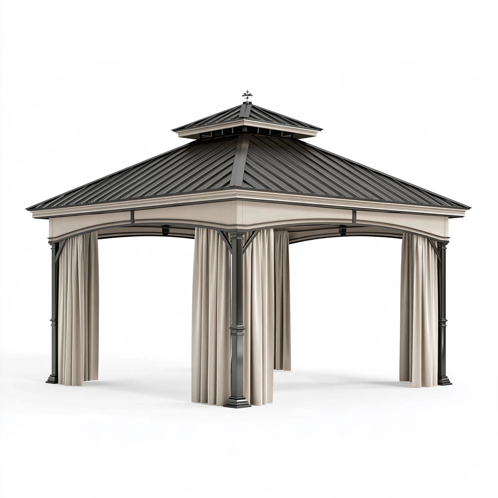 Gazebo da giardino 300 x 300 x 300 cm in metallo nero e beige con tende stile classico
