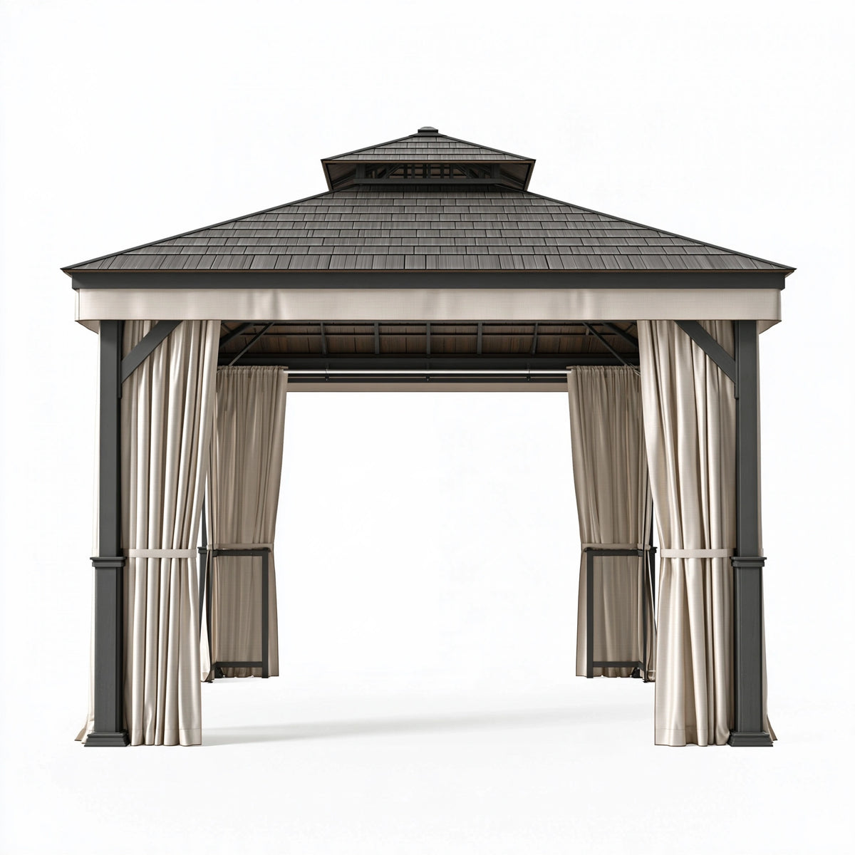 Gazebo da giardino 400 x 300 cm in metallo antracite con tende beige - copertura a padiglione