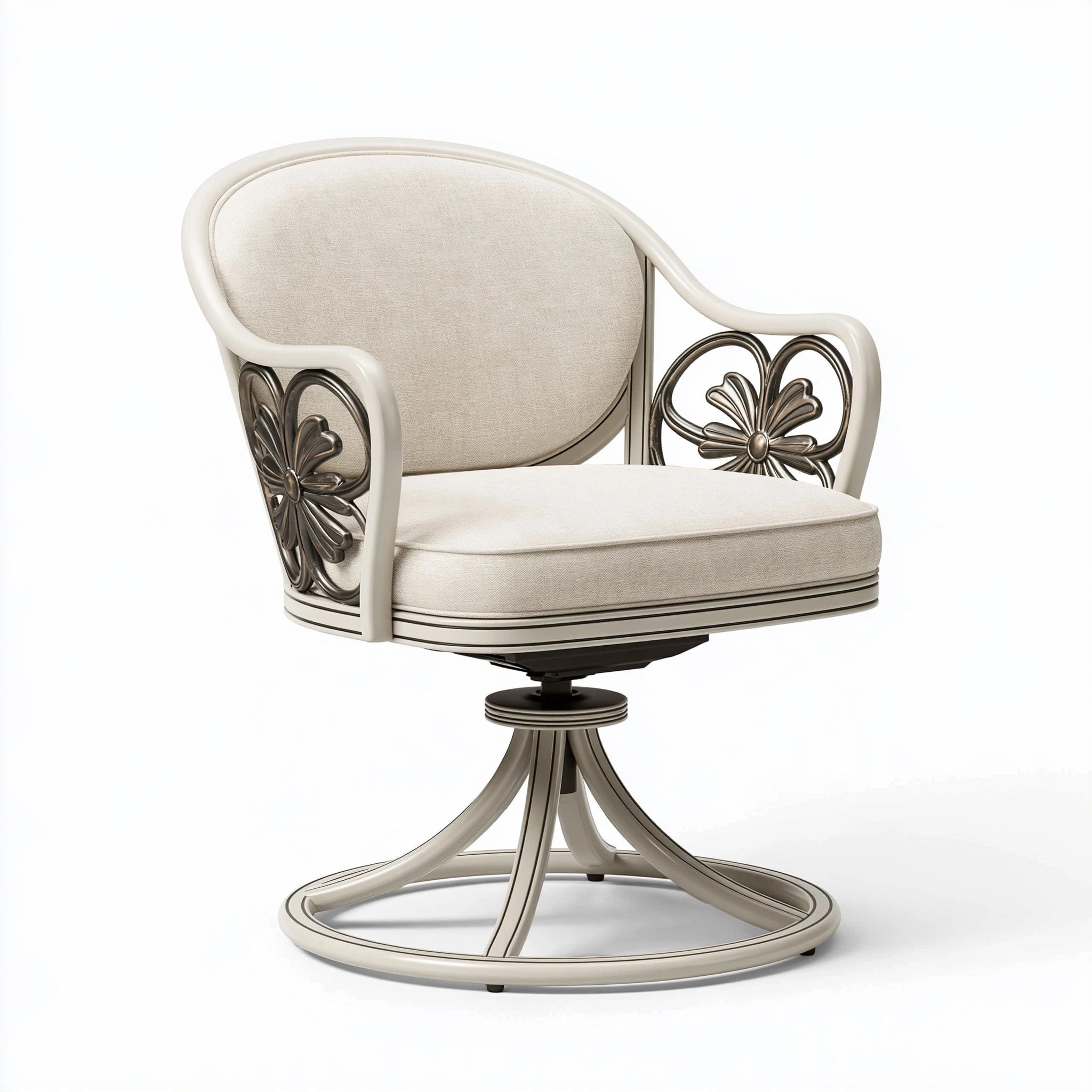 Poltrona girevole 75 x 75 x 95 cm in tessuto beige con struttura decorativa classica