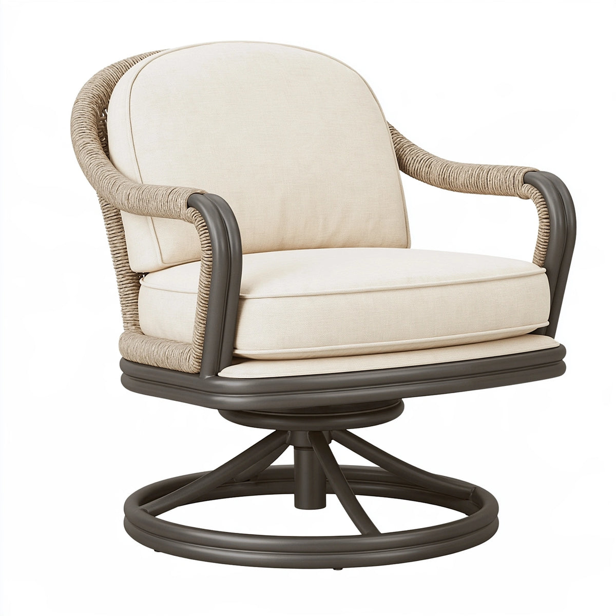 Poltrona girevole 78 x 80 x 92 cm in corda intrecciata beige con struttura marrone stile contemporaneo