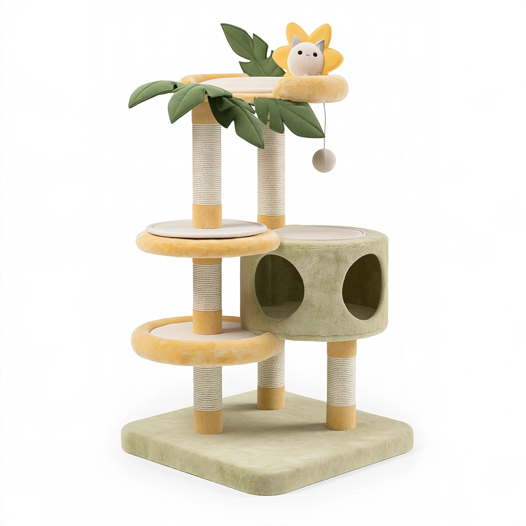 Albero tiragraffi per gatti 60 x 60 x 150 cm in sisal e peluche verde e giallo - struttura multilivello con cuccia