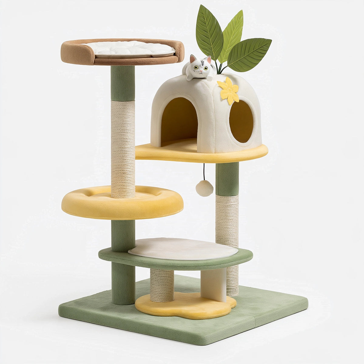 Tiragraffi per gatti 60 x 50 x 150 cm in tessuto e sisal verde beige e giallo - torre con cuccia e piattaforme