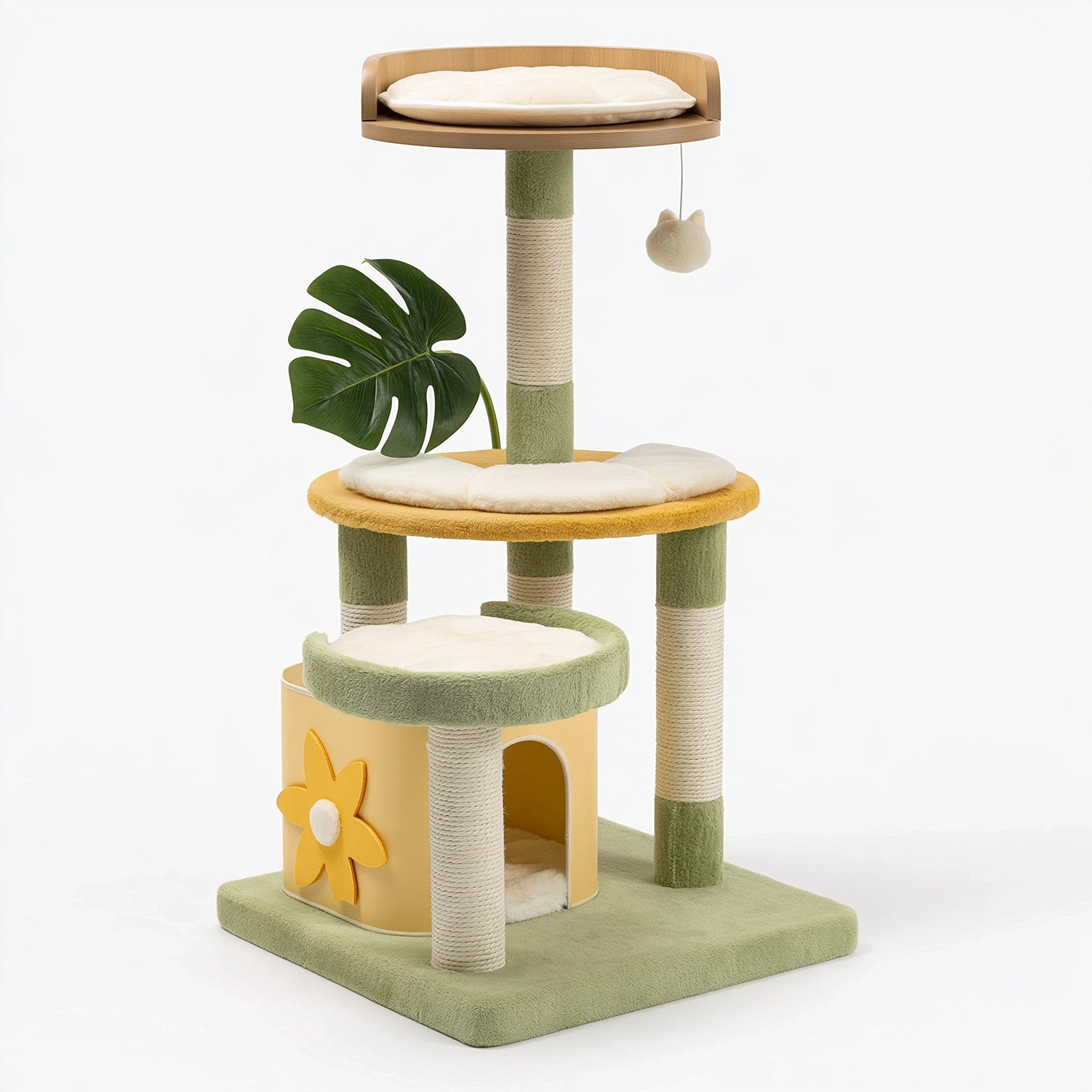 Albero tiragraffi per gatti 60 x 60 x 160 cm in sisal e peluche verde con cuccia e piattaforme