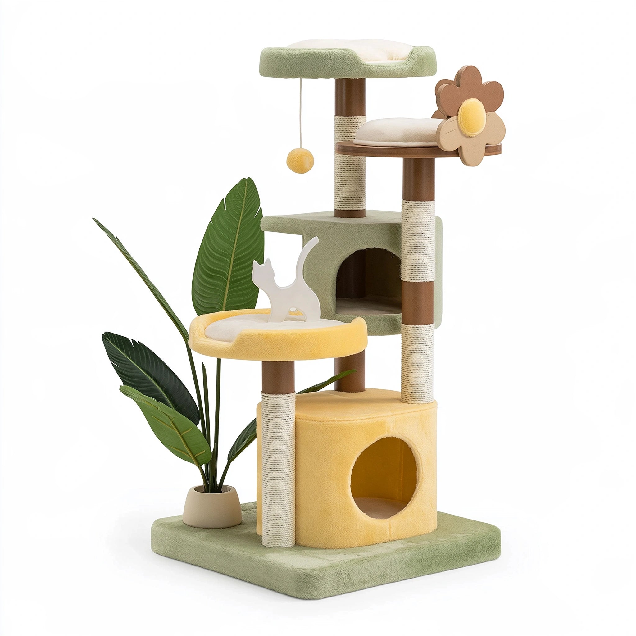 Tiragraffi per gatti 60 x 50 x 170 cm in legno e peluche verde/giallo con cuccette e tiragraffi in sisal