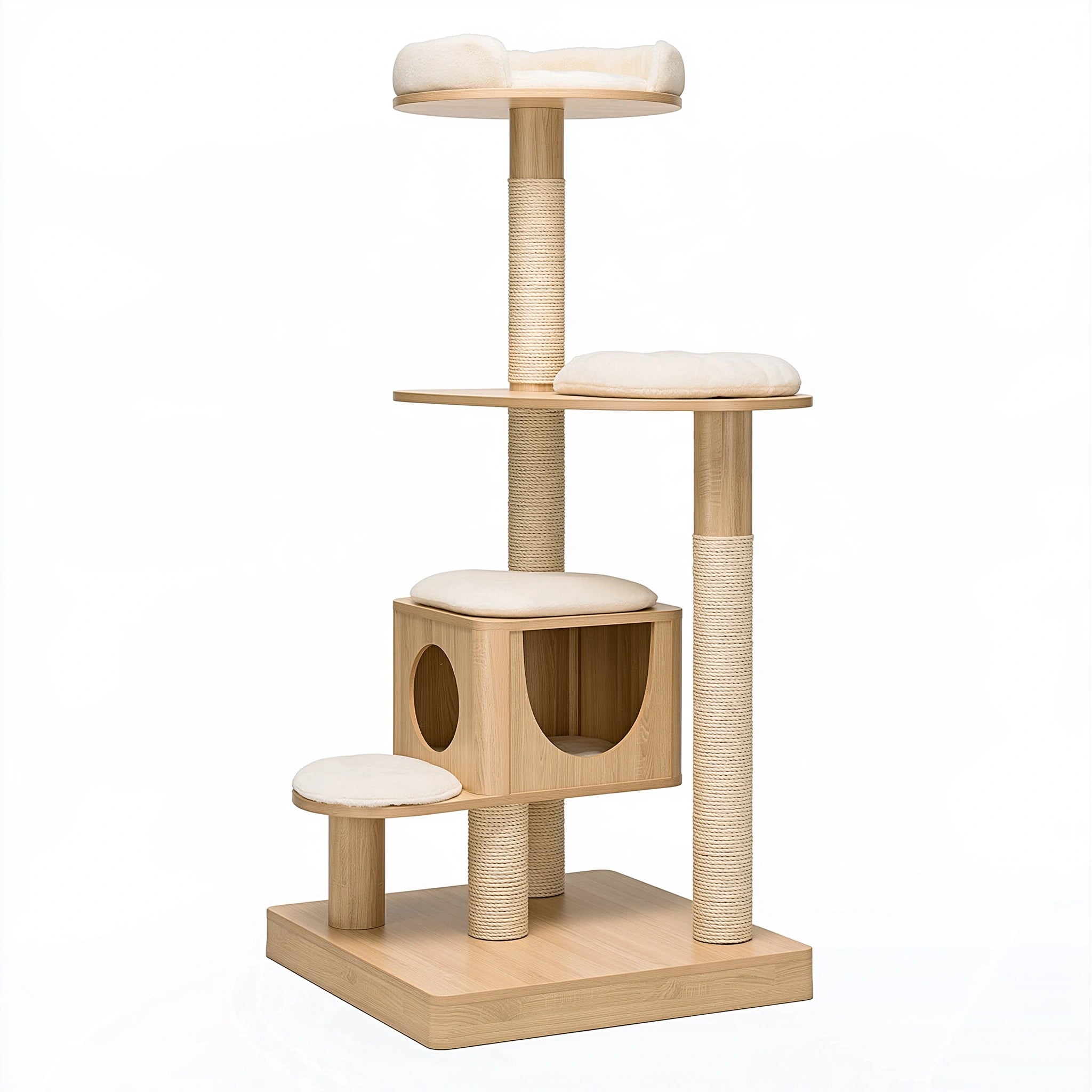 Albero tiragraffi per gatti 70 x 50 x 180 cm in legno chiaro con sisal e pedane imbottite