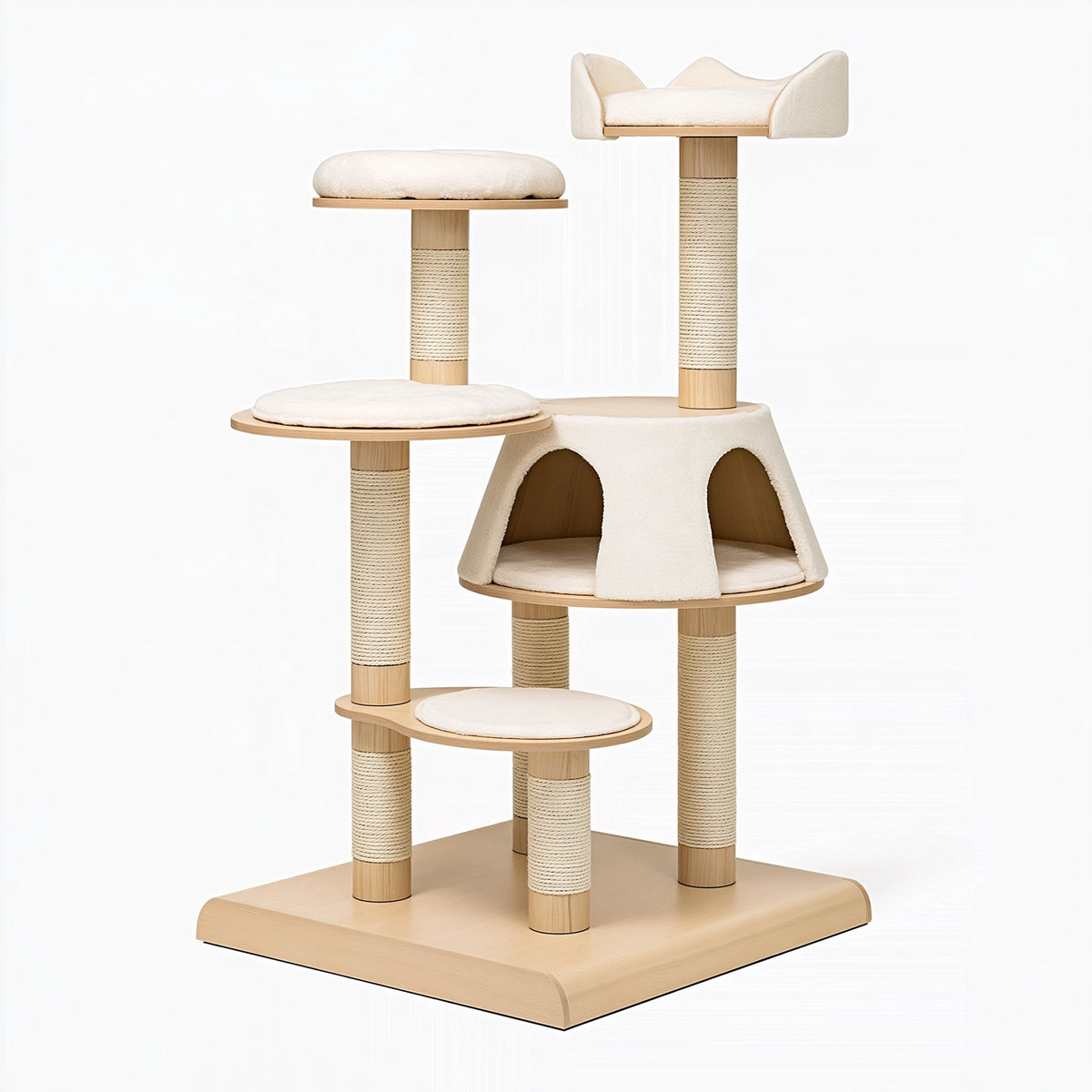Tiragraffi per gatti 60 x 60 x 170 cm in legno beige con colonne in sisal e cuccia