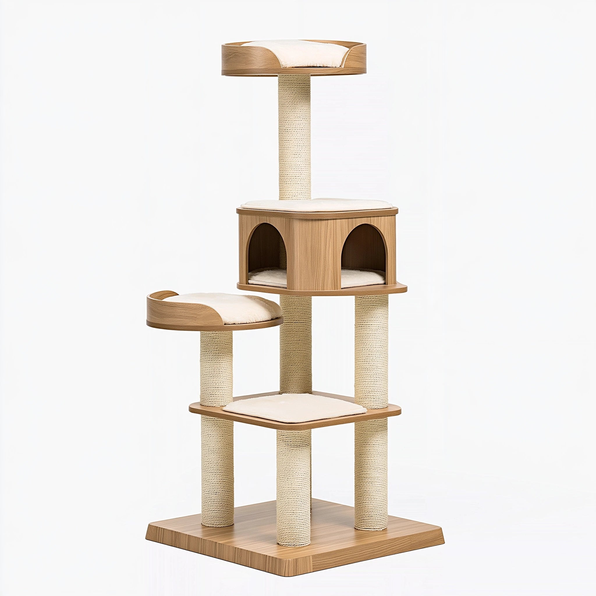Tiragraffi per gatti 60 x 60 x 180 cm in legno naturale e corda sisal con cuccia e piattaforme