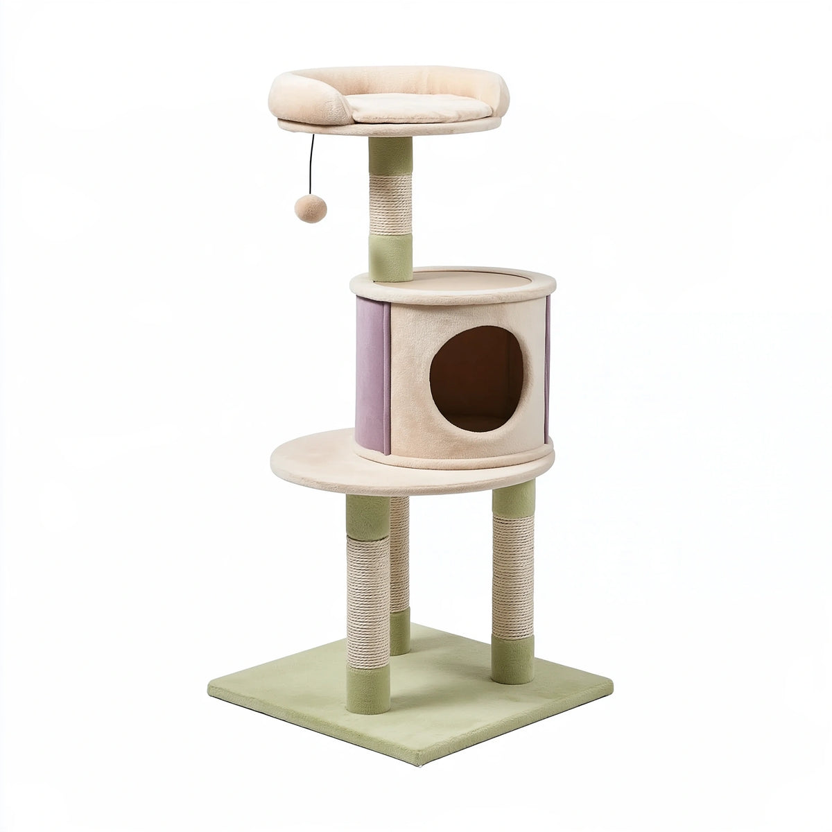 Tiragraffi per gatti 50 x 50 x 145 cm in tessuto e sisal verde beige lilla - torre con cuccia piattaforme e pallina gioco