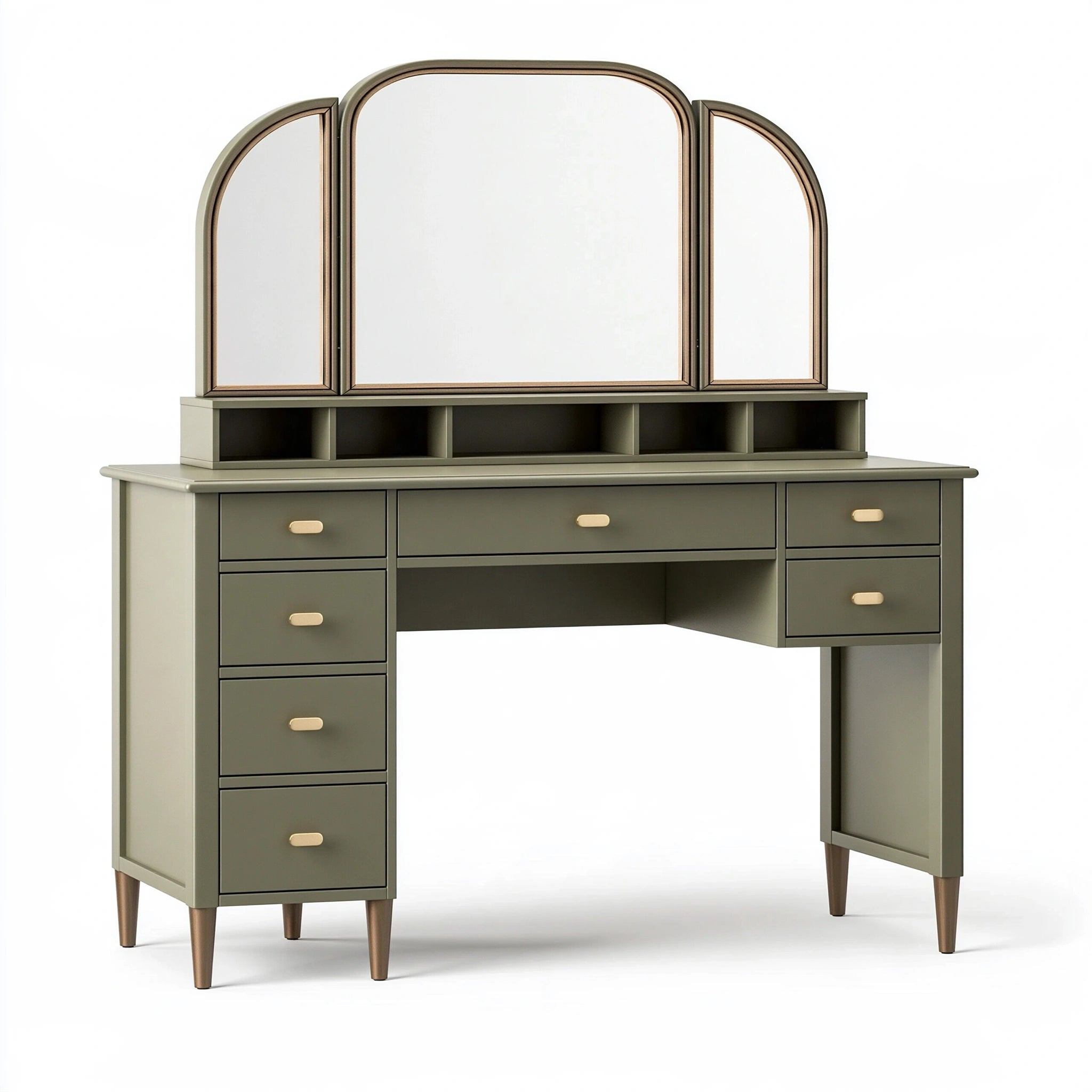 Toeletta 150 x 50 x 165 cm in legno verde oliva con specchio triplo stile retrò