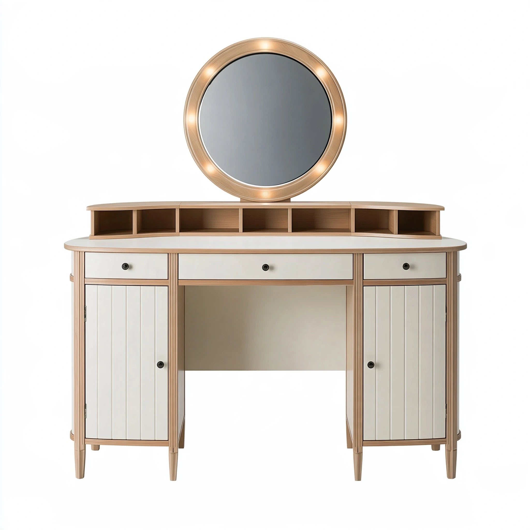 Tavolo da toeletta 140 x 45 x 160 cm in legno beige e bianco con specchio illuminato e contenitori