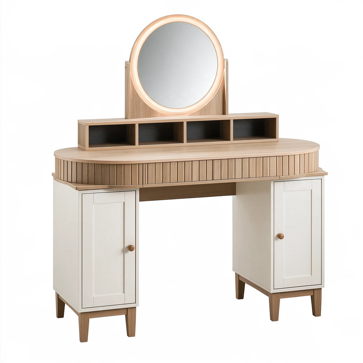 Set tavolo da toeletta 120 x 50 x 140 cm in legno avorio e rovere chiaro con specchio illuminato e vani contenitore