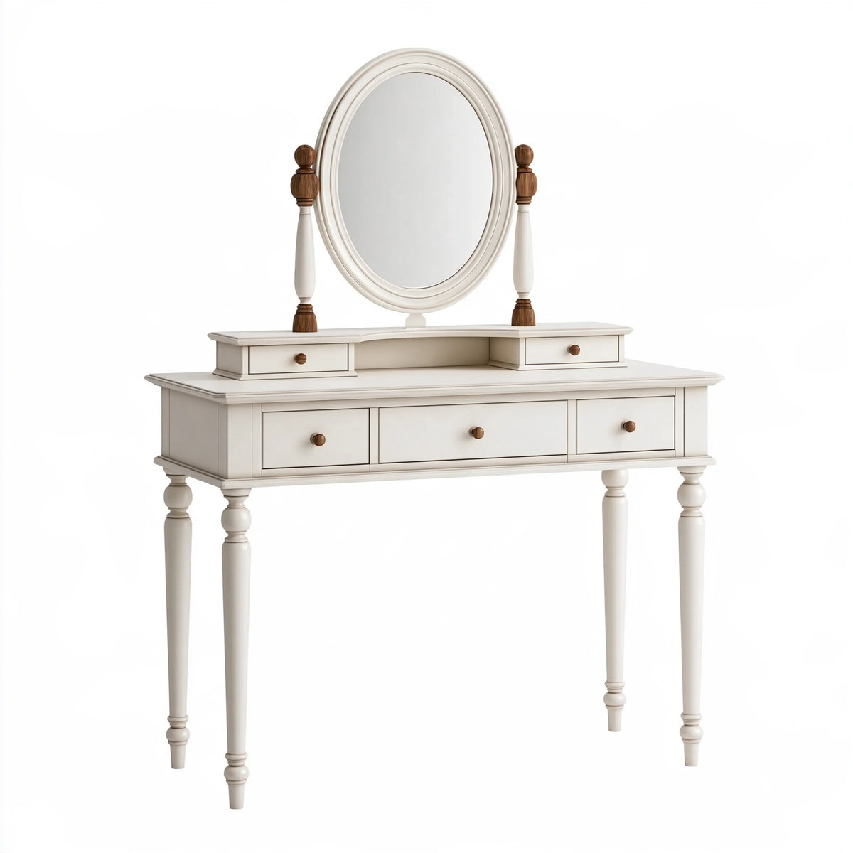 Tavolo da toeletta 120 x 45 x 155 cm in legno bianco e marrone con specchio ovale e cassetti stile classico