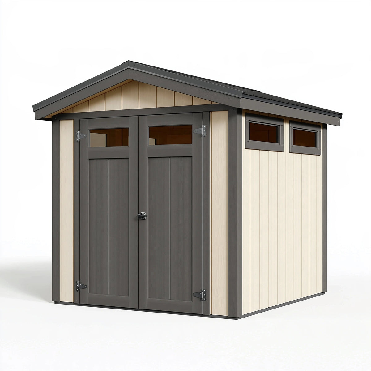 Casetta da giardino 180 x 120 x 200 cm in resina beige antracite con doppia porta e finestre